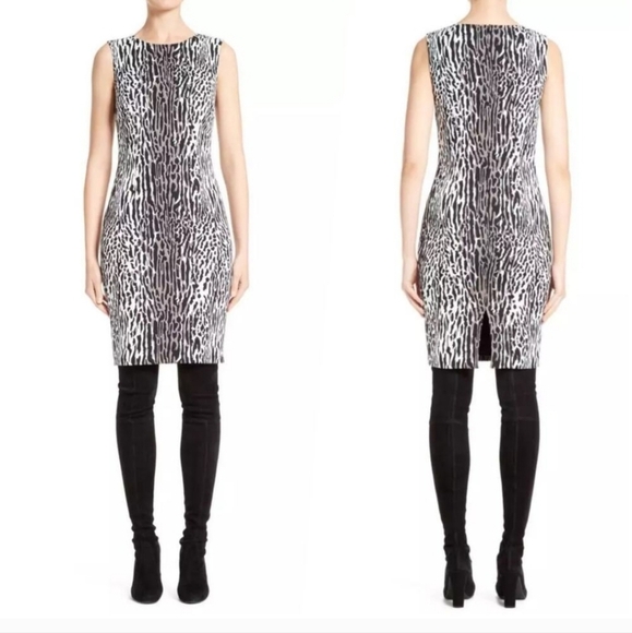 St. John Size 2‎ Black White Leopard Jacquard Sheath Dress | Like New - Picture 2 of 16